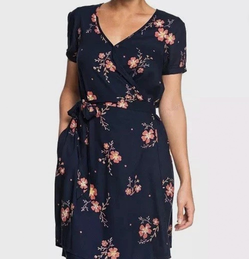 Roxy Monument View Short Women’s Size 6 Open Sleeve Blue Floral Wrap Dress